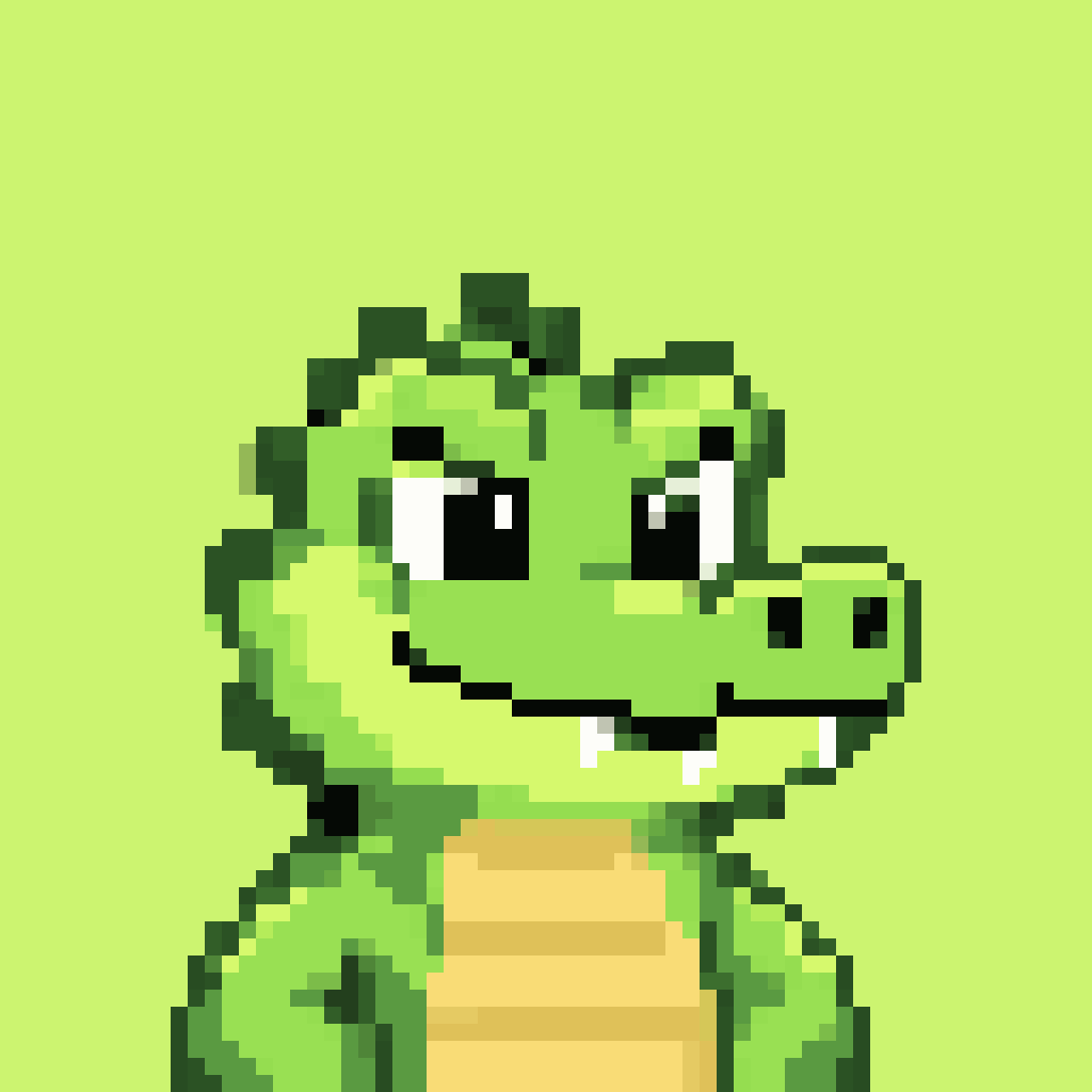 The original lime-green pixel crocodile with wide eyes, a toothy smile and a yellow belly